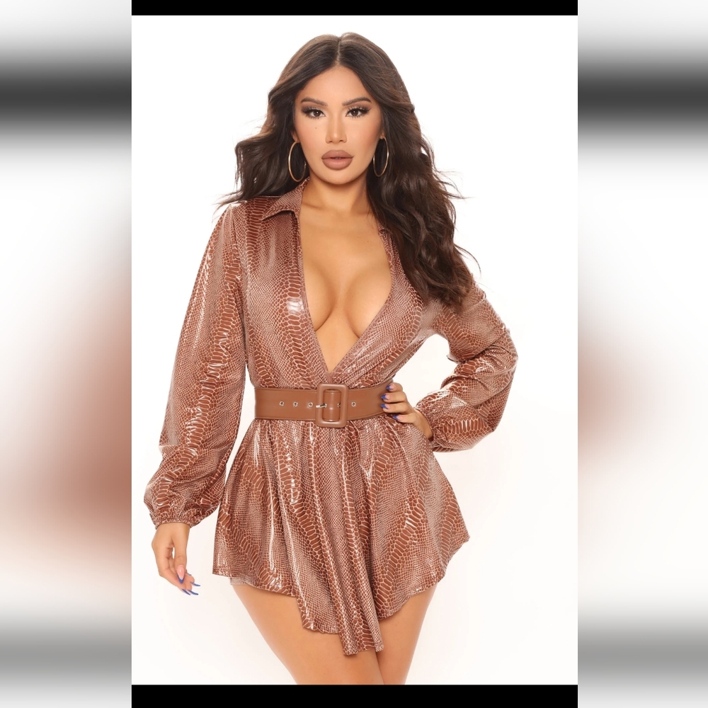 Fashion Nova Tinsley Snakeskin Romper Carmel